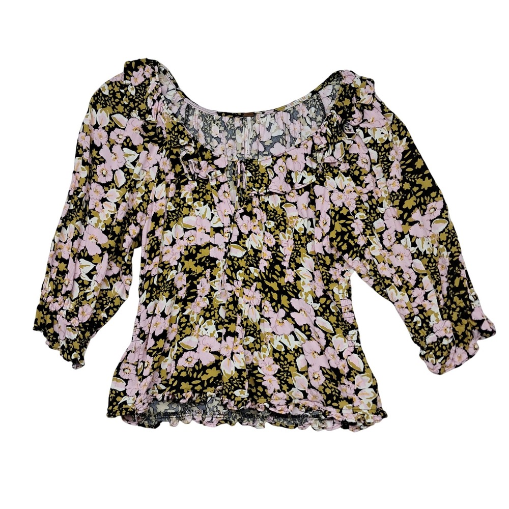 Free People Sweet Memories Top Women's Medium Black‎ Floral Smocked Ruffle Boho